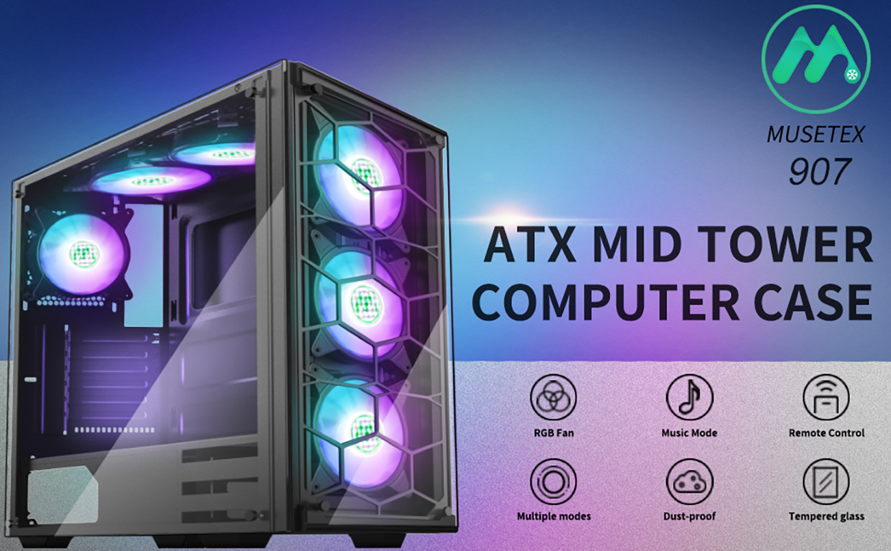 MUSETEX Phantom Black ATX Mid-Tower Desktop Computer Gaming Case